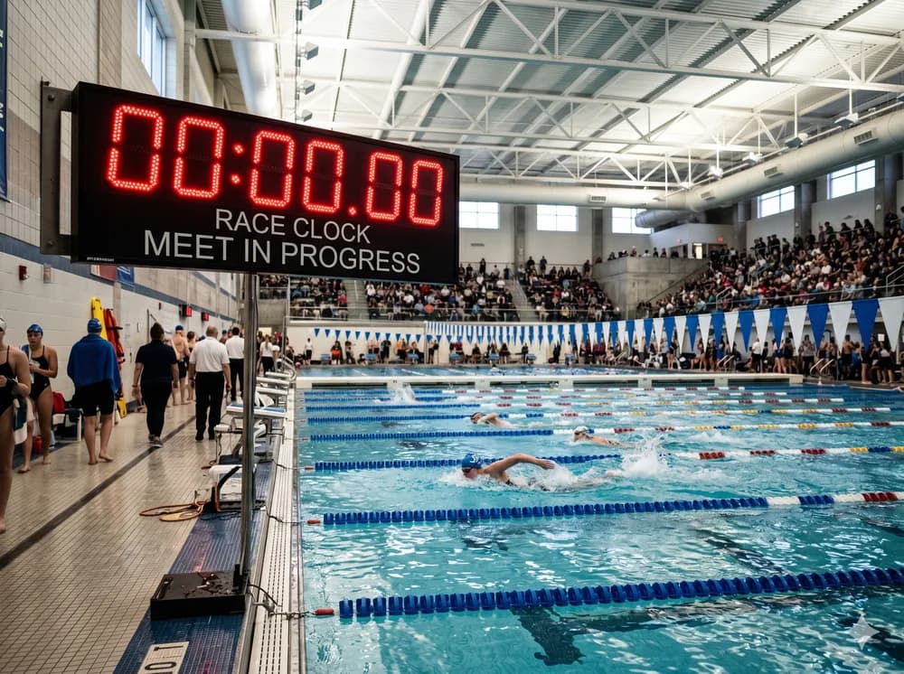 Swim meet race clock representing qualifying time standards for national team selection