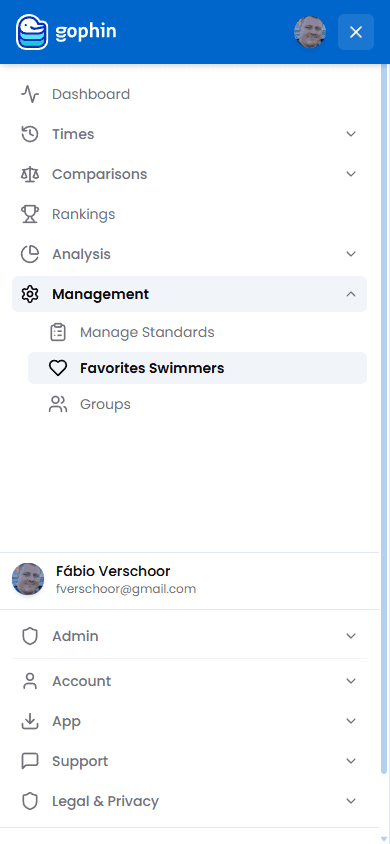 Gophin app navigation sidebar showing all available sections