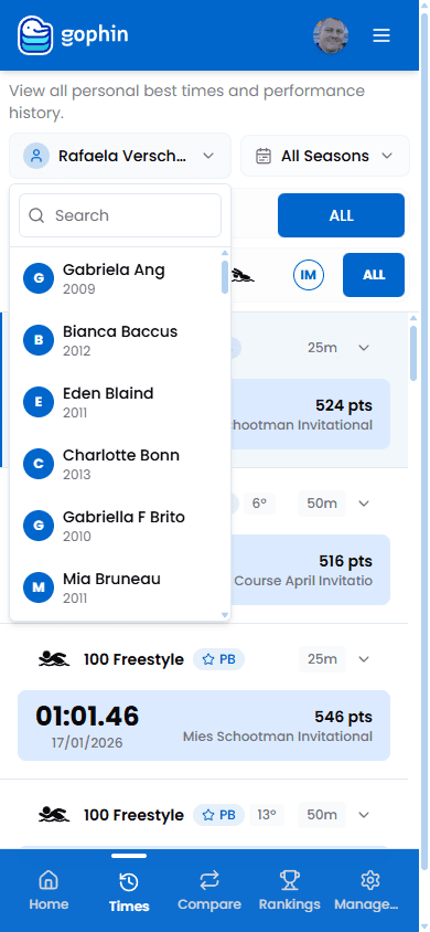 Gophin swimmer search picker showing list of swimmers to select from