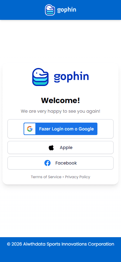 Gophin login page with Google, Apple, and Facebook sign-in options