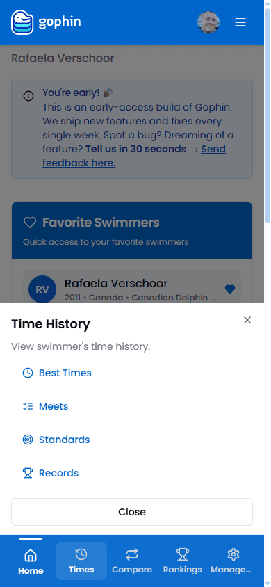 Gophin Times submenu showing Best Times, Meets, Standards, and Records