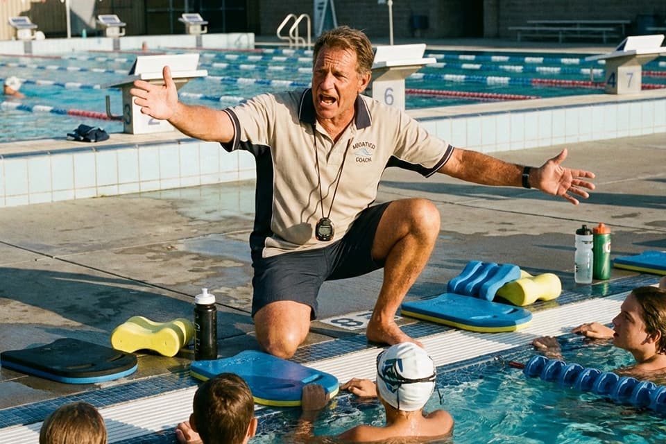 Coach analyzing swim splits on a tablet beside the pool with athletes warming up