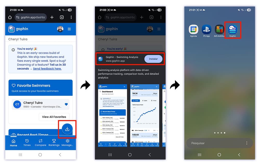 Method 1 — tap the “Install/Instalar” bubble, confirm in the dialog, and the icon lands on your Android home screen.