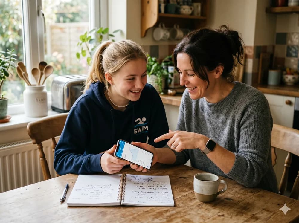 Parent and swimmer reviewing season times together at home