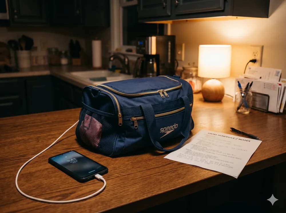 Phone charger, headphones, and recovery items packed alongside heat sheet on a kitchen counter the night before a swim meet