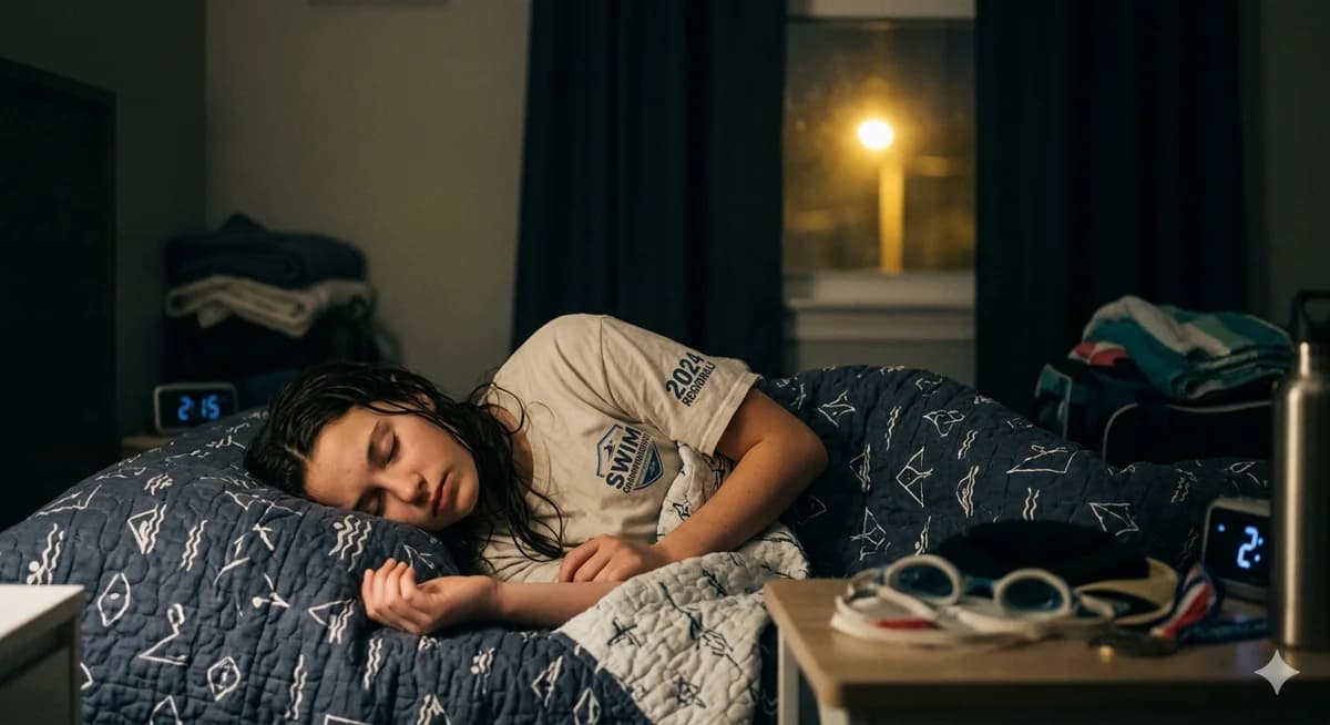 Age group swimmer sleeping deeply the night after a championship meet