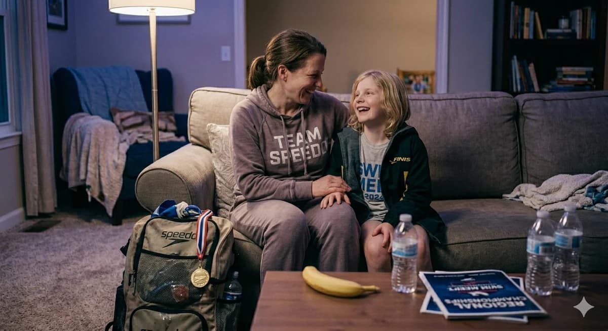 Parent and young swimmer sharing a quiet moment together after a long meet weekend
