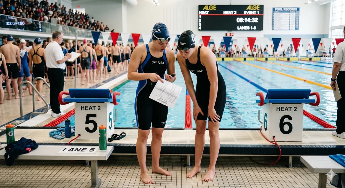 Swimmers checking the heat sheet and timing their warmup before the first event