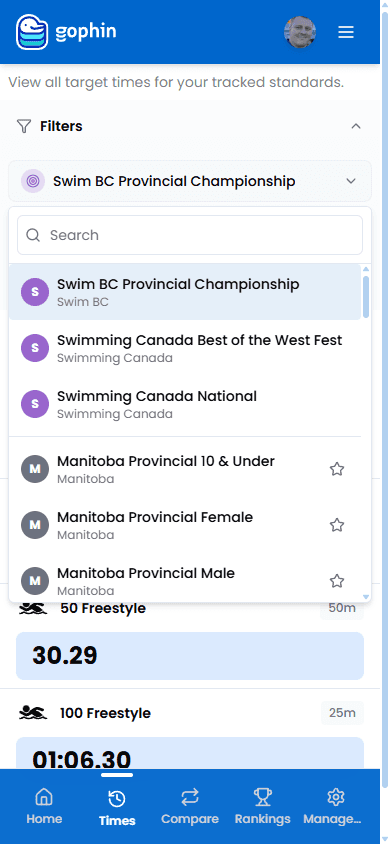 Gophin standards organization dropdown showing 38+ swimming organizations