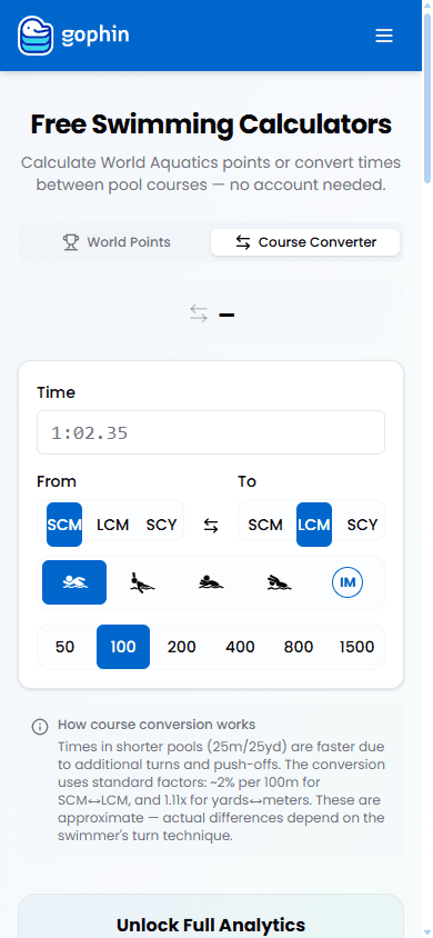 Gophin Course Converter tool showing time input fields, From and To course selectors with swap button, stroke and distance dropdowns