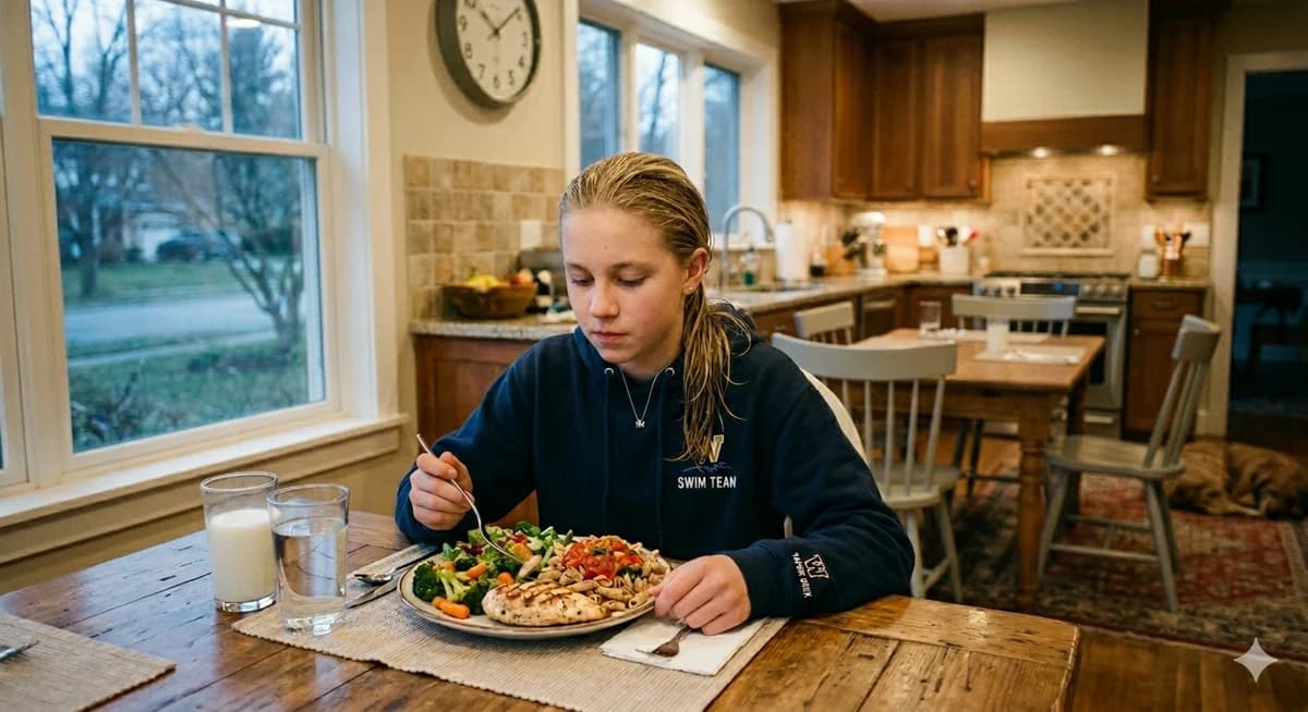 Age group swimmer eating a balanced meal at home during taper week