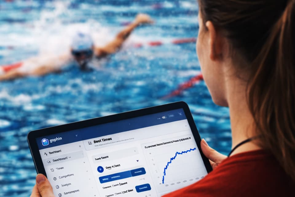 Athlete logging race data on a tablet in front of the pool