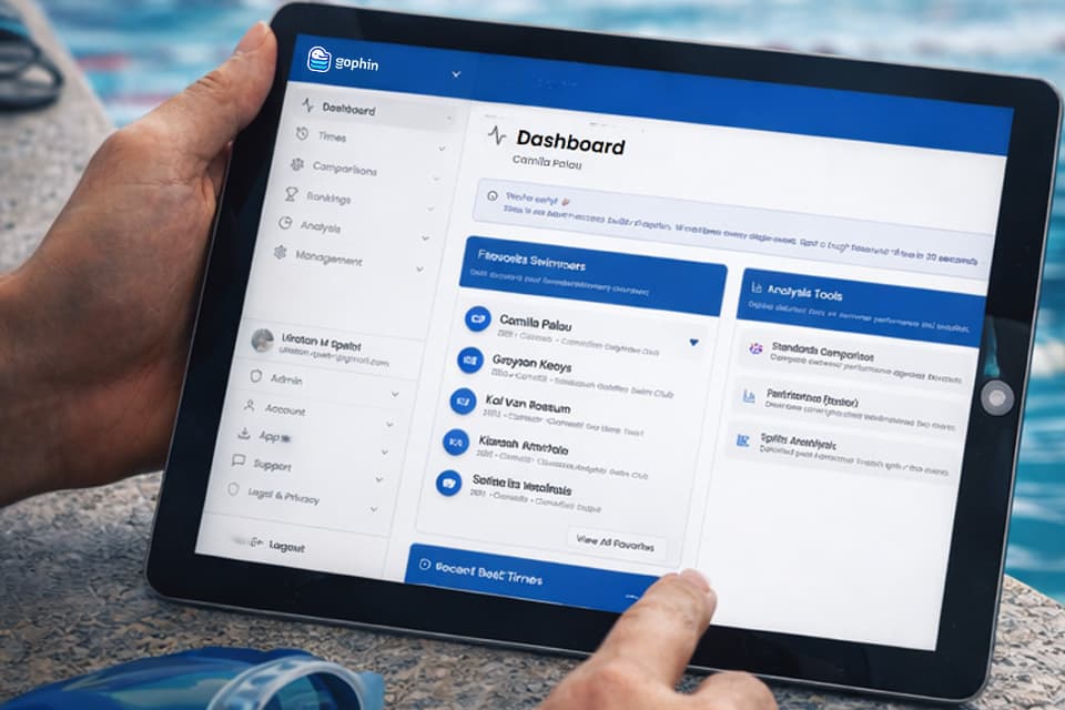 Coach comparing swim metrics on dual holographic dashboards