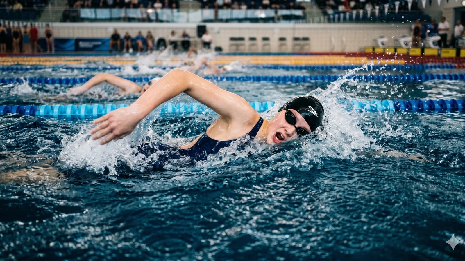 Young female swimmer mid-stroke freestyle in a competition lane, taking a breath, action sports photography
