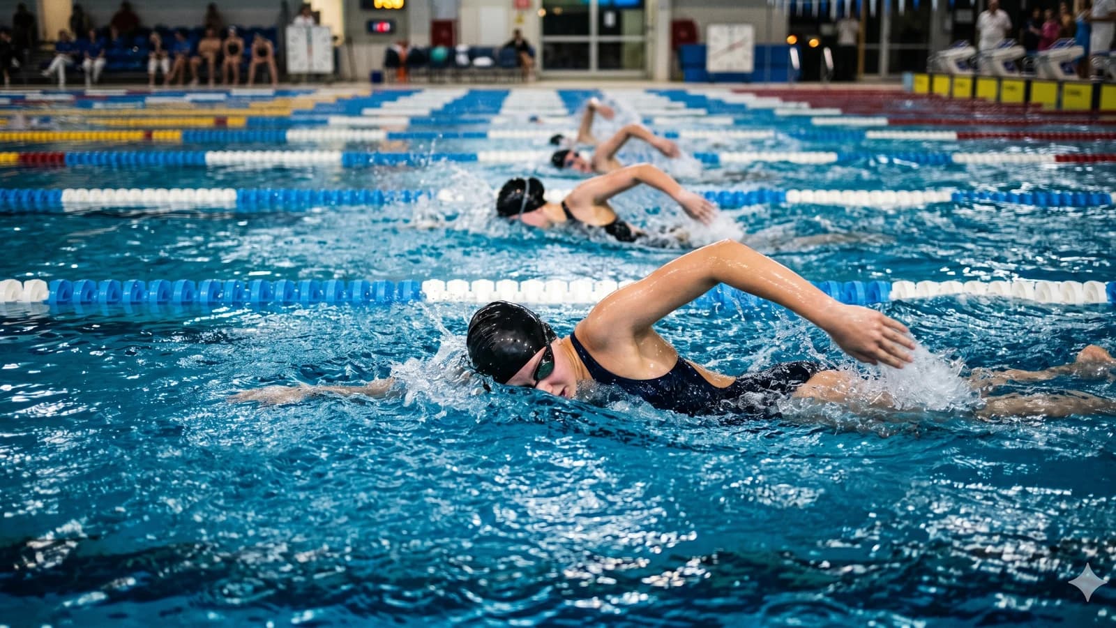 Multiple young female swimmers racing in adjacent lanes during a competition, peer-cohort context