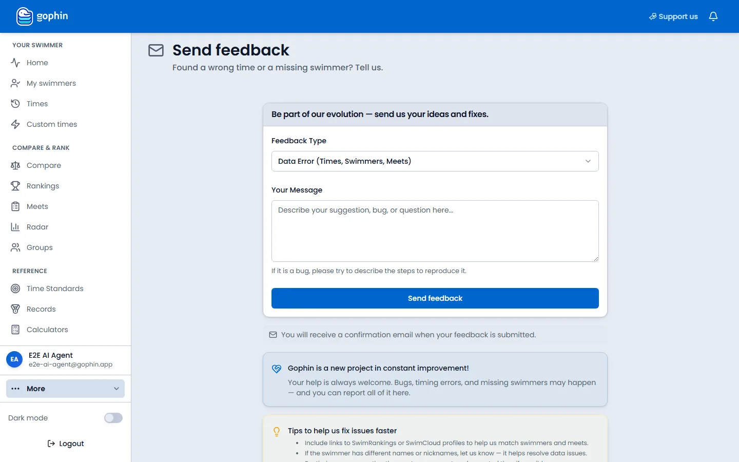 Send feedback on a computer, with the type and the message