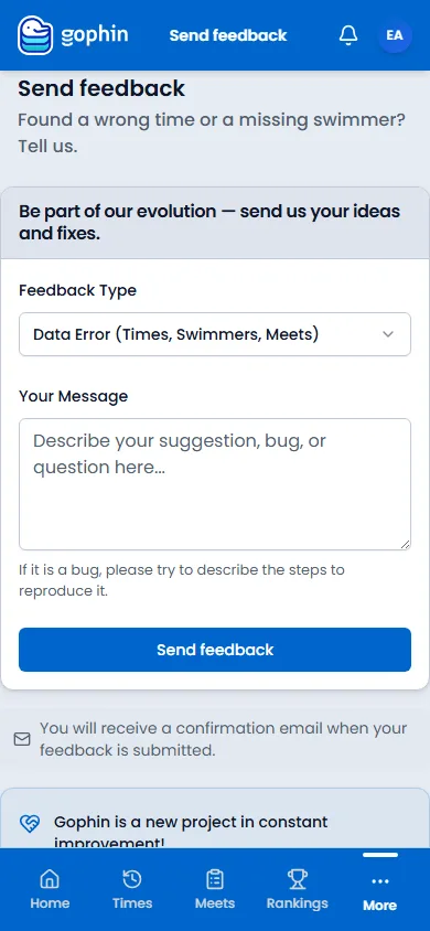 Send feedback on a phone, with the type, the message, and the send button