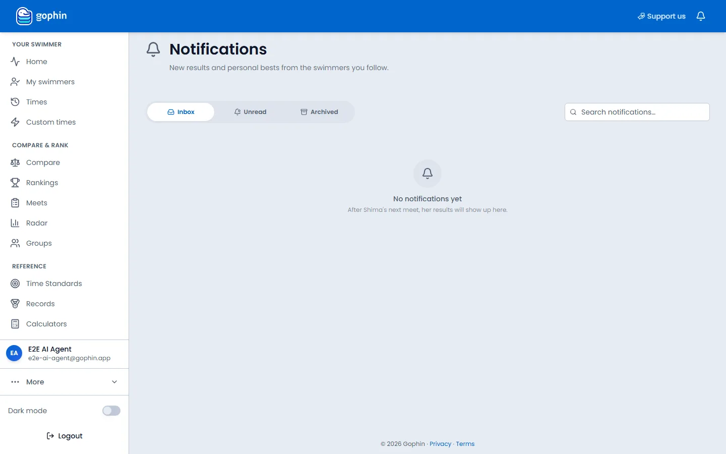 The notifications inbox on a computer, with Inbox, Unread, Archived, and search