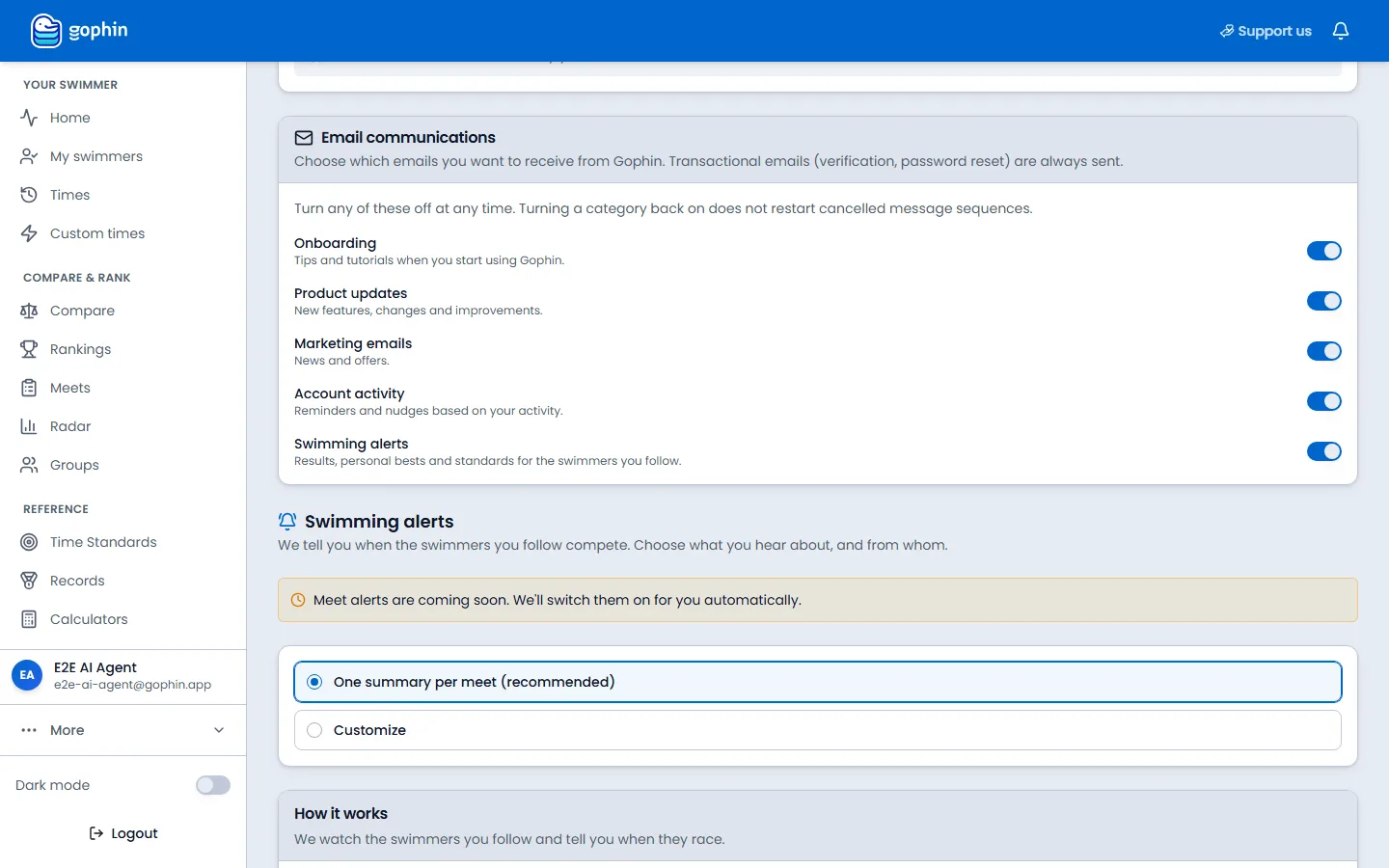 Notification settings on a computer, with email switches and swimming alerts