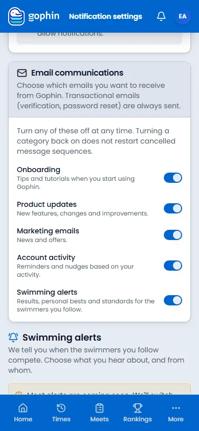Email switches on a phone: onboarding, product updates, marketing, account activity, and swimming alerts