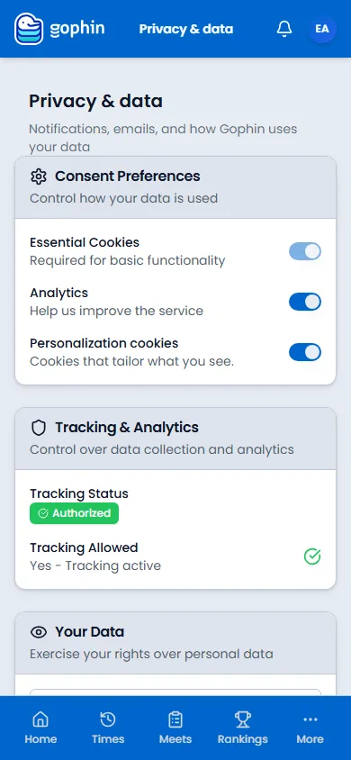 Privacy and data on a phone, with cookie switches