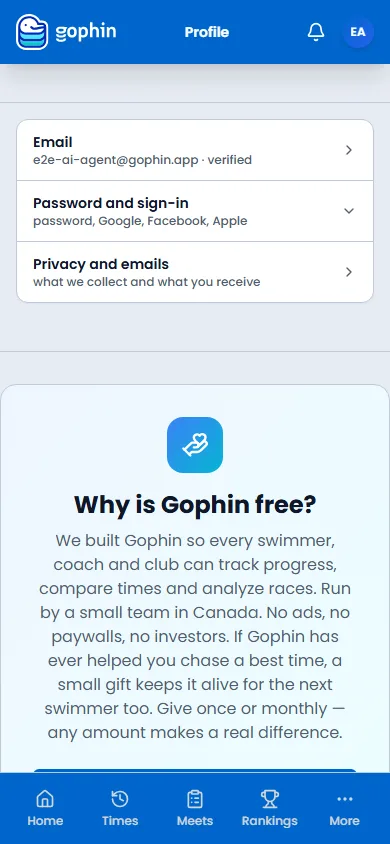 Profile on a phone, with email, password, privacy, and the free-account card