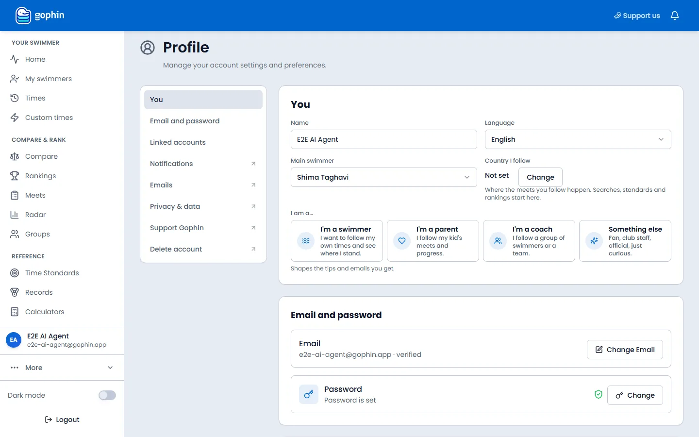 Profile on a computer, with the section list and the You card