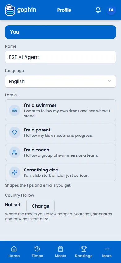 Profile on a phone, with name, language, who you are, and the country you follow