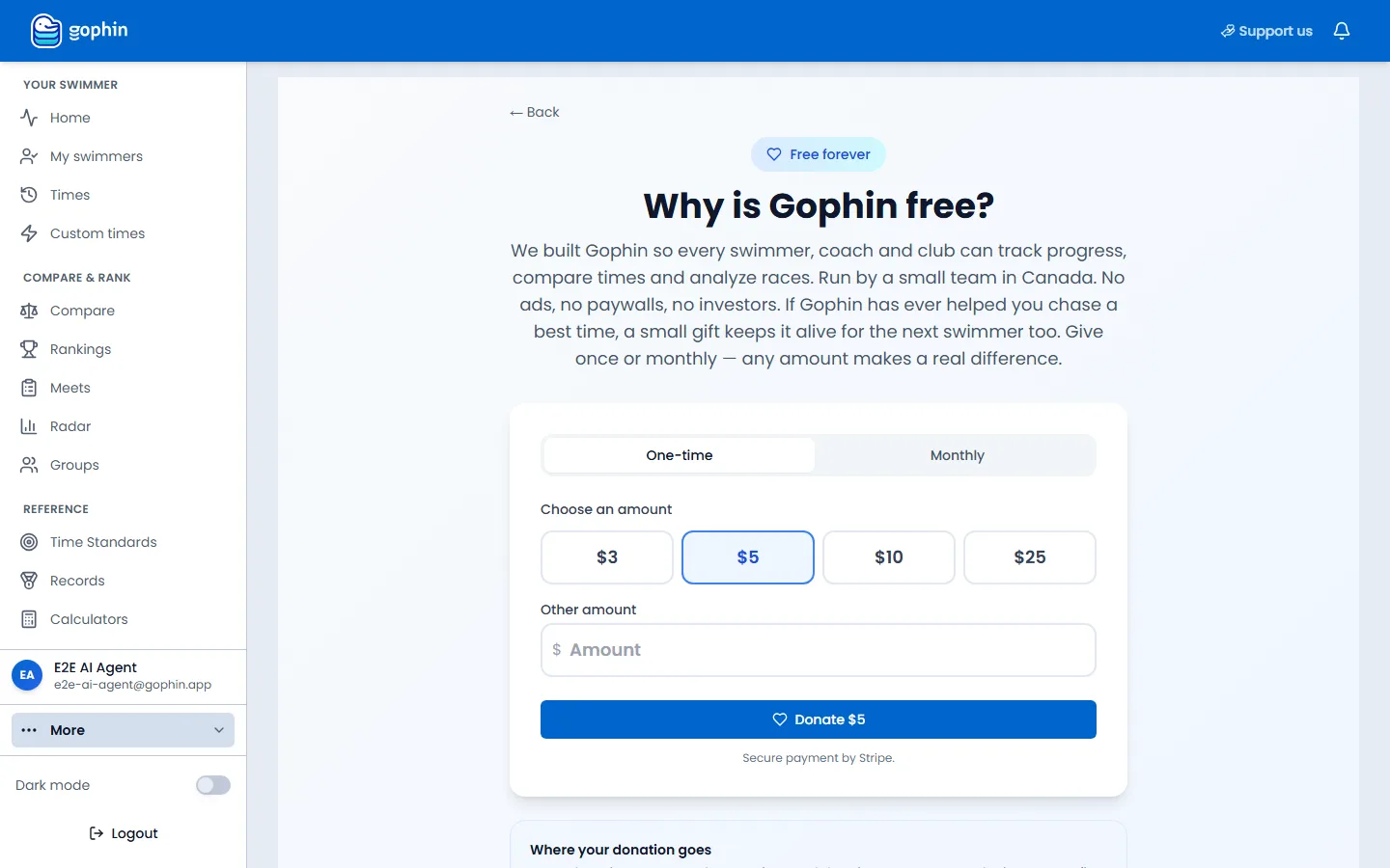 Support Gophin on a computer, with one-time selected and Donate $5