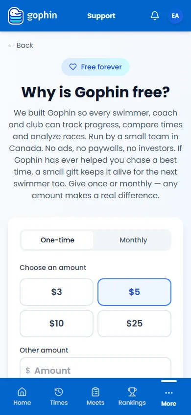 Support Gophin on a phone, with one-time or monthly and the donation amounts